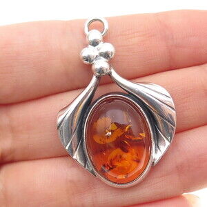 VALERIO V-8 Sterling Silver Vintage Poland Real Amber Modernist Charm Pendant